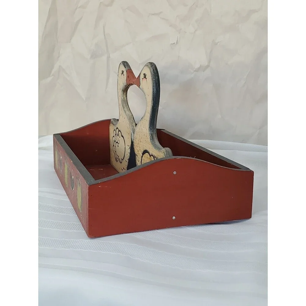 Vntg. Wood Basket Kissing Ducks/Divided/Hand Painted/Hearts/Fruit/GrandmaCore/80